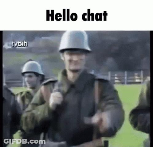 A Group Of Soldiers Are Standing Next To Each Other On A Field With The Words `` Hello Chat '' Written Above Them . GIF
