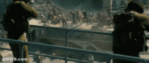 A Group Of Soldiers Are Standing On A Balcony Looking At A Crowd Of People GIF