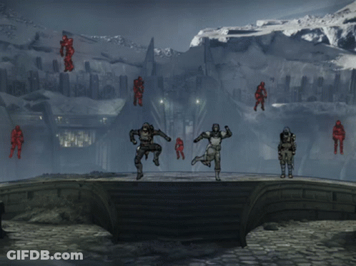 A Group Of Soldiers Are Standing On A Bridge In Front Of Mountains GIF