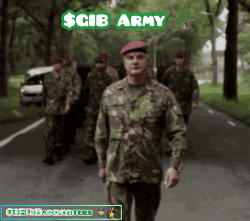 A Group Of Soldiers Are Walking Down A Road With The Words $ Cib Army Written Above Them GIF