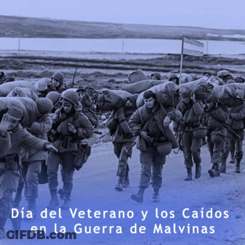 A Group Of Soldiers Are Walking Down A Road With The Words Dia Del Veterano Y Los Caidos GIF