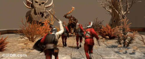 A Group Of Soldiers Are Walking In Front Of A Monster GIF