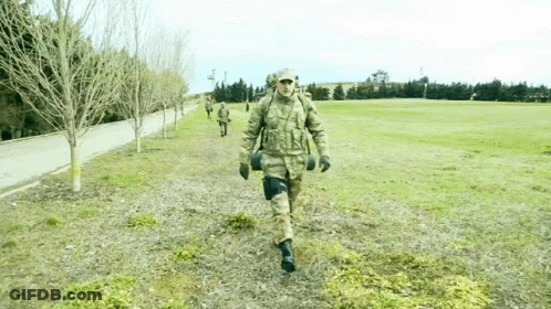 A Group Of Soldiers Are Walking Through A Field GIF