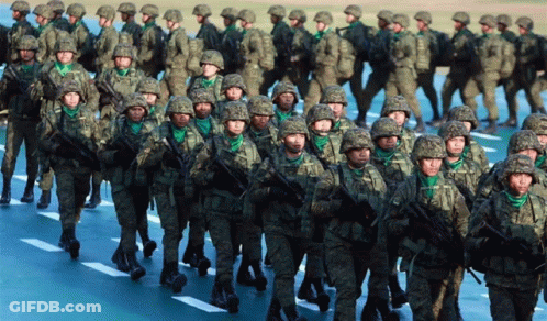 A Group Of Soldiers Marching Down A Street GIF