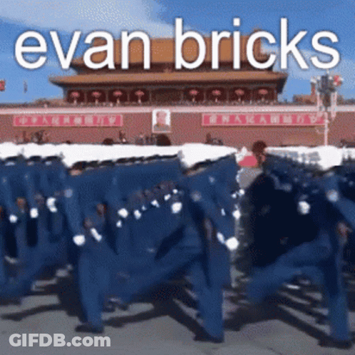 A Group Of Soldiers Marching In Front Of A Building With Evan Bricks Written On The Bottom GIF