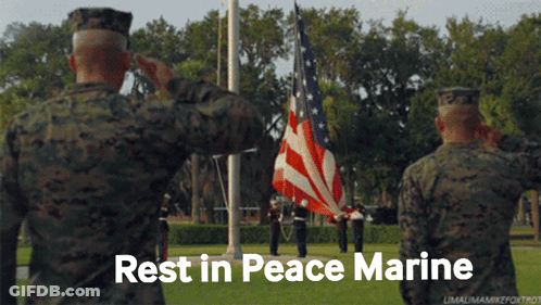 A Group Of Soldiers Saluting A Flag With The Words Rest In Peace Marine Written Below Them GIF