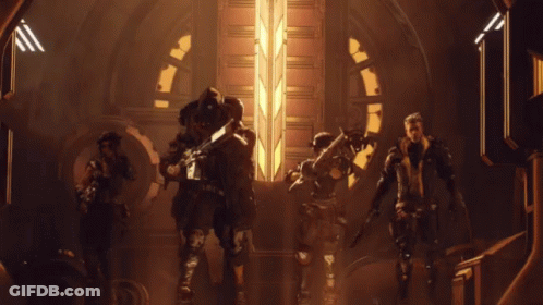 A Group Of Soldiers Standing In A Room With A Window GIF
