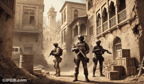 A Group Of Soldiers Standing In Front Of A Building With Boxes GIF