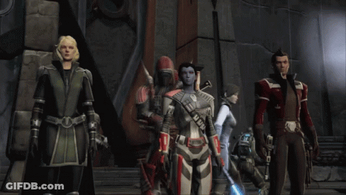 A Group Of Soldiers Standing Next To Each Other With One Of Them Holding A Lightsaber GIF