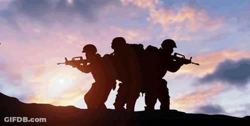 A Group Of Soldiers Standing On Top Of A Hill With Guns GIF