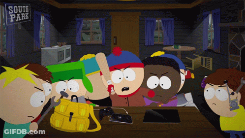 A Group Of South Park Cartoon Characters Gathered Around A Table GIF