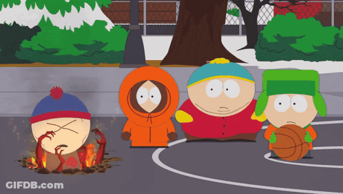 A Group Of South Park Characters Are Playing Basketball On A Court GIF
