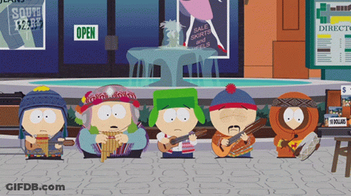 A Group Of South Park Characters Are Playing Instruments In Front Of A Sign That Says Open GIF