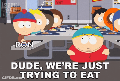 A Group Of South Park Characters Are Sitting At A Picnic Table And One Of Them Is Named Ron GIF