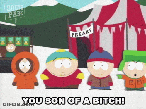 A Group Of South Park Characters Are Standing In Front Of A Freaks Sign GIF