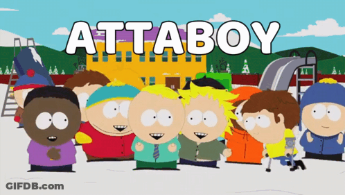 A Group Of South Park Characters Are Standing In Front Of A Playground And The Word Attaboy Is Written Above Them GIF