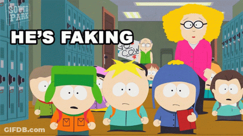 A Group Of South Park Characters Are Standing In Front Of Lockers With The Caption He 'S Faking GIF
