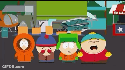 A Group Of South Park Characters Are Standing Next To Each Other On A Street . GIF