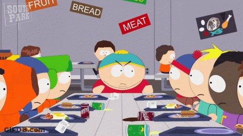 A Group Of South Park Characters Sit At A Table GIF