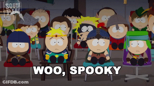 A Group Of South Park Characters Sit In Chairs With The Words Woo Spooky GIF
