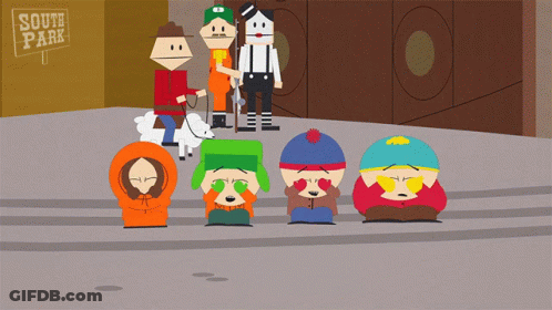 A Group Of South Park Characters Stand In Front Of A Sign That Says South Park GIF