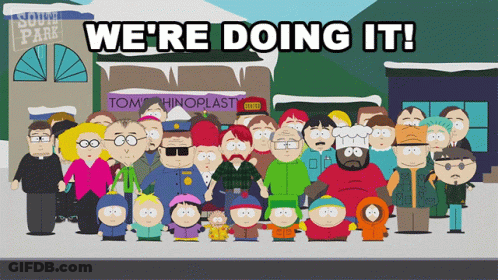A Group Of South Park Characters Standing In Front Of A Building That Says Toms Hinoplast GIF