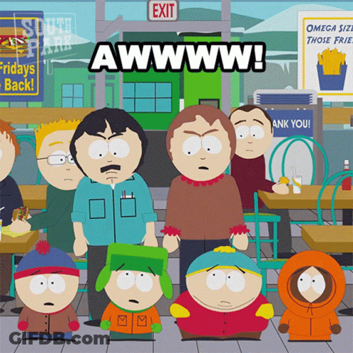 A Group Of South Park Characters Standing In Front Of A Restaurant With A Sign That Says Exit GIF