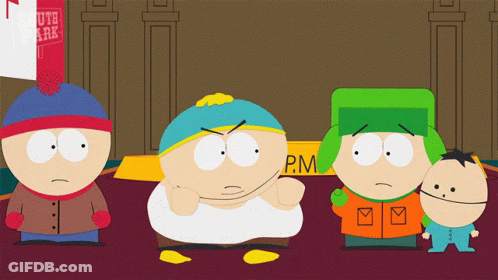 A Group Of South Park Characters Standing In Front Of A Sign That Says Pm GIF