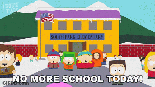 A Group Of South Park Characters Standing In Front Of A Yellow School Building GIF