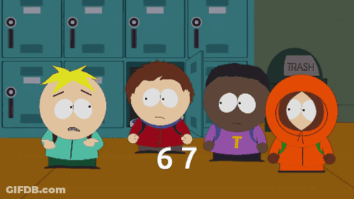 A Group Of South Park Characters Standing In Front Of Lockers With The Number 67 On The Floor GIF
