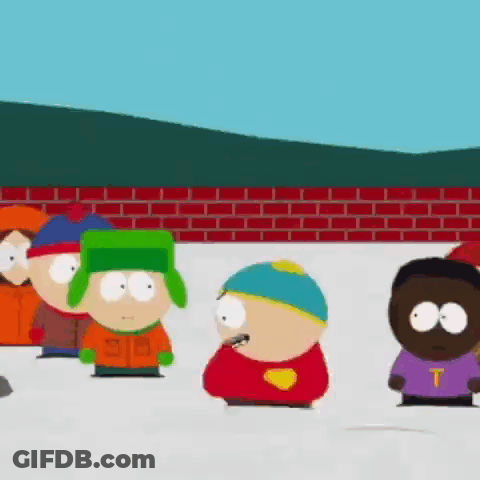 A Group Of South Park Characters Standing Next To Each Other In The Snow . GIF