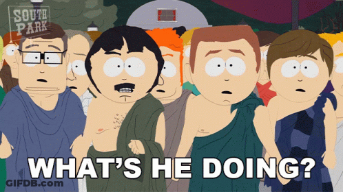 A Group Of South Park Characters Standing Next To Each Other With The Words What 'S He Doing GIF