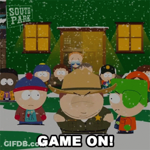 A Group Of South Park Characters Standing Outside Of A Building GIF