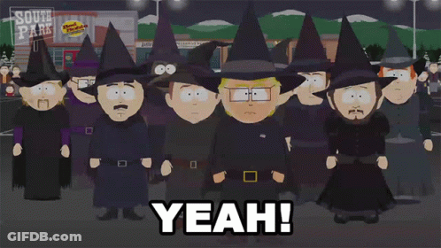 A Group Of South Park Characters Wearing Witch Hats Are Standing In Front Of A South Park Burger King GIF