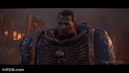 A Group Of Space Marines Are Gathered Together With The Words " For The Emperor " On The Bottom Right GIF