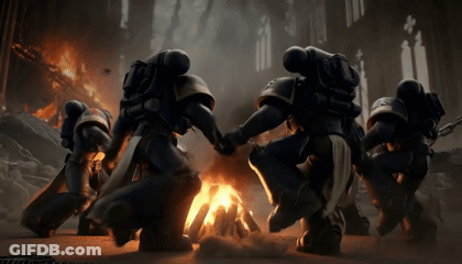 Space Marines Holding Hands Around Campfire GIF