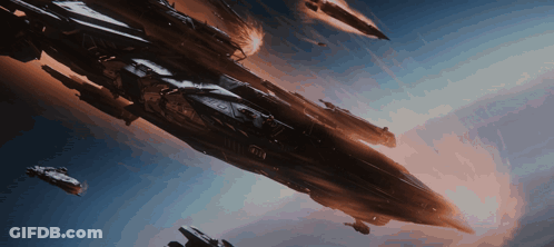 A Group Of Space Ships Are Flying Through The Air GIF