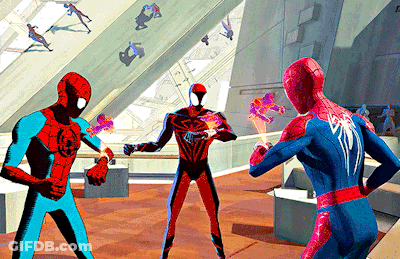 A Group Of Spider-Man Are Standing In A Room And Fighting Each Other GIF