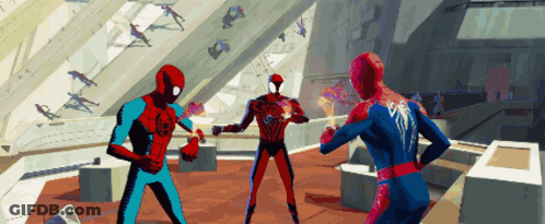 A Group Of Spider-Man Are Standing In A Room With A Large Window GIF