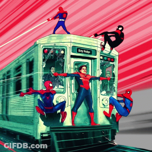 A Group Of Spider-Men Are Riding A Subway Train To Bay Ridge GIF