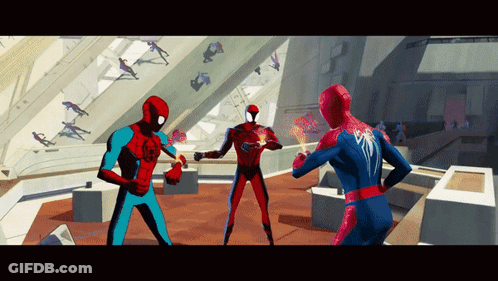 A Group Of Spider-Men Are Standing In A Room And One Of Them Has A Spider-Man Logo On His Back GIF
