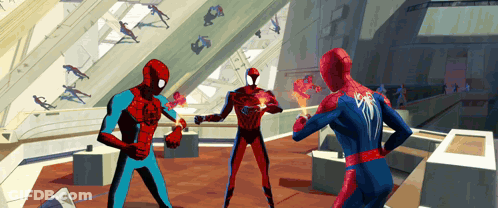 A Group Of Spider-Men Are Standing In A Room Fighting Each Other GIF