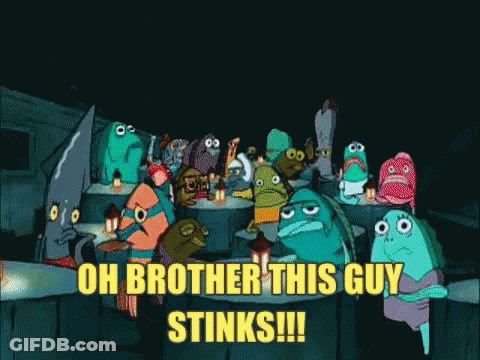 A Group Of Spongebob Characters Are Standing Around A Table With The Caption Oh Brother This Guy Stinks GIF