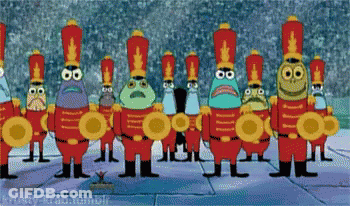 A Group Of Spongebob Characters In Red Uniforms Are Standing In A Line GIF