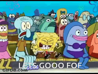 A Group Of Spongebob Squarepants Characters Are Sitting On A Bench With The Words Let 'S Gooo Fof Written Below Them GIF