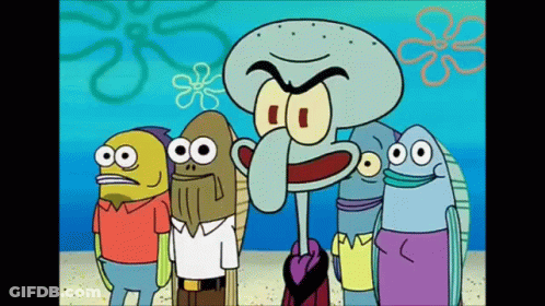 A Group Of Spongebob Squarepants Characters Are Standing Next To Each Other On A Beach . GIF