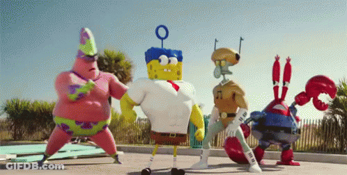 A Group Of Spongebob Squarepants Characters Are Standing Next To Each Other . GIF