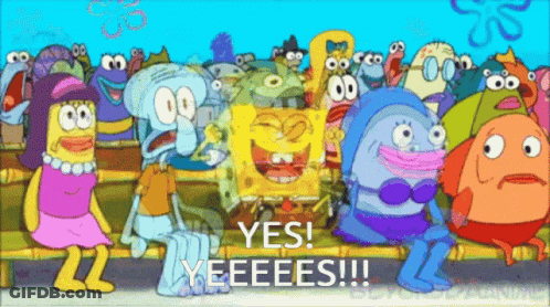 A Group Of Spongebob Squarepants Characters Sitting On A Bench With The Words Yes Yeeees Written On The Bottom GIF
