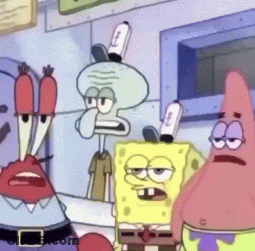 A Group Of Spongebob Squarepants Characters Standing Next To Each Other . GIF