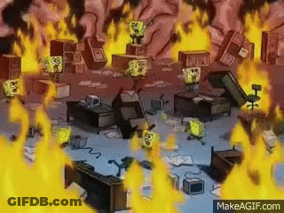 A Group Of Spongebob Squarepants Standing In Front Of A Fire . GIF